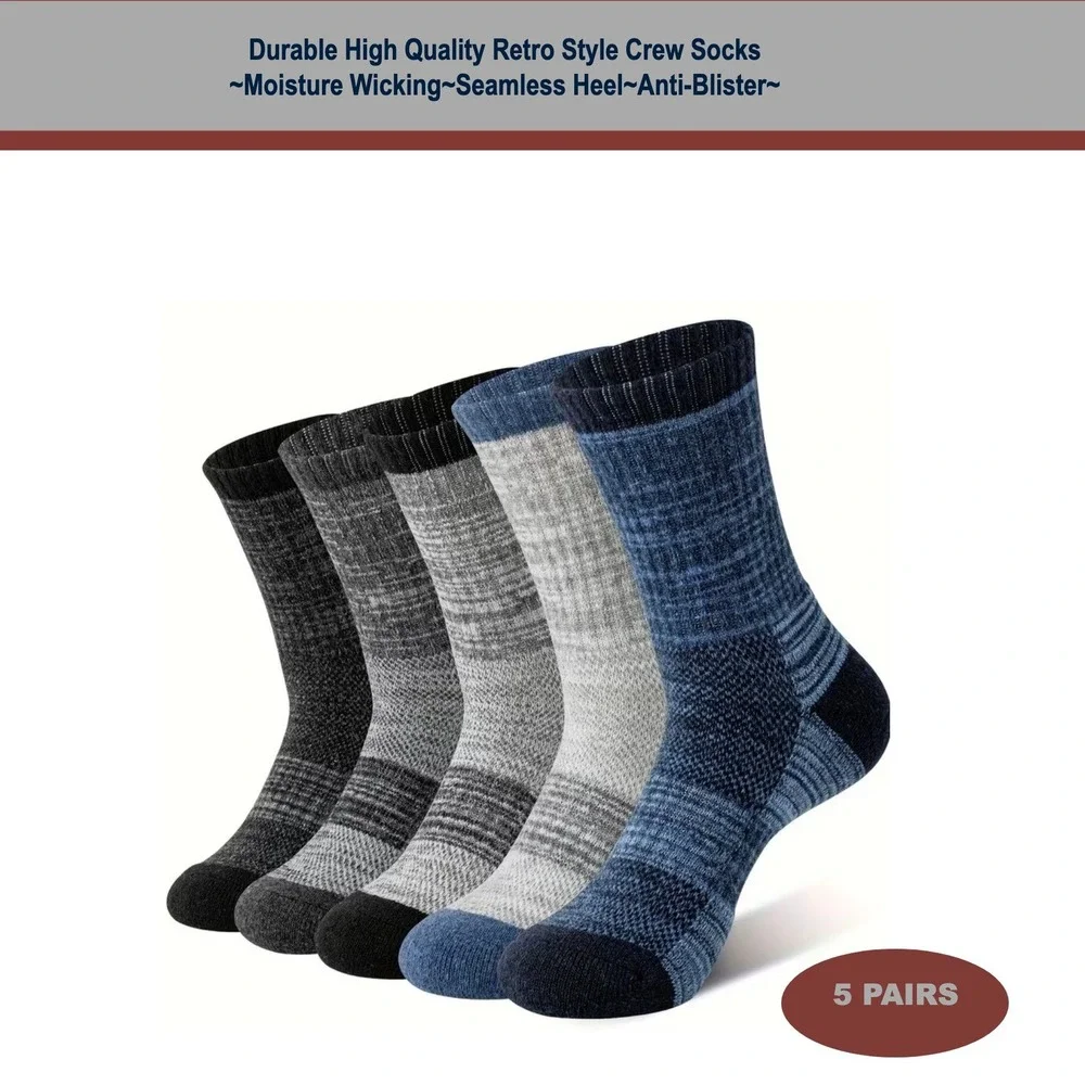 Durable High Quality Retro Style Socks LARGE Black Gray Anti-Slip Elastic 5 Pair